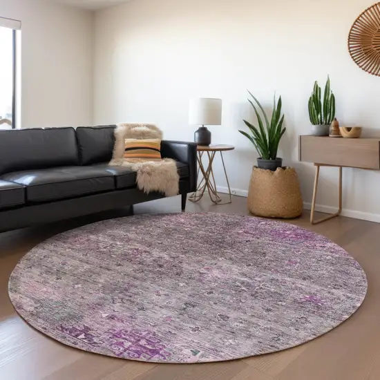 8' Purple And Gray Round Floral Washable Indoor Outdoor Area Rug Photo 7