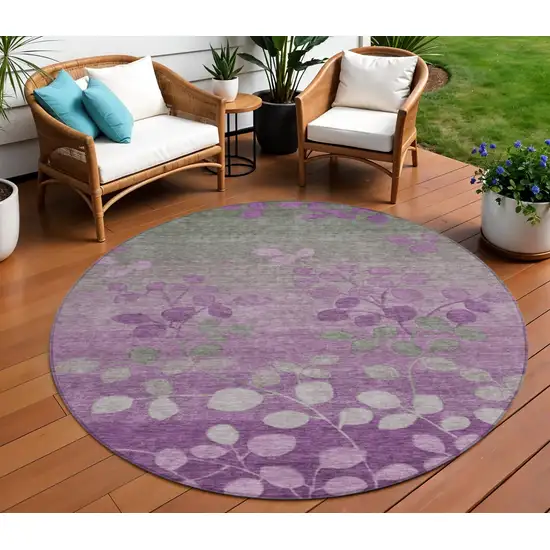 8' Purple And Gray Round Floral Washable Indoor Outdoor Area Rug Photo 2