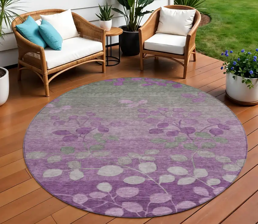 8' Purple And Gray Round Floral Washable Indoor Outdoor Area Rug Photo 2