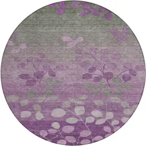 Photo of 8' Purple And Gray Round Floral Washable Indoor Outdoor Area Rug