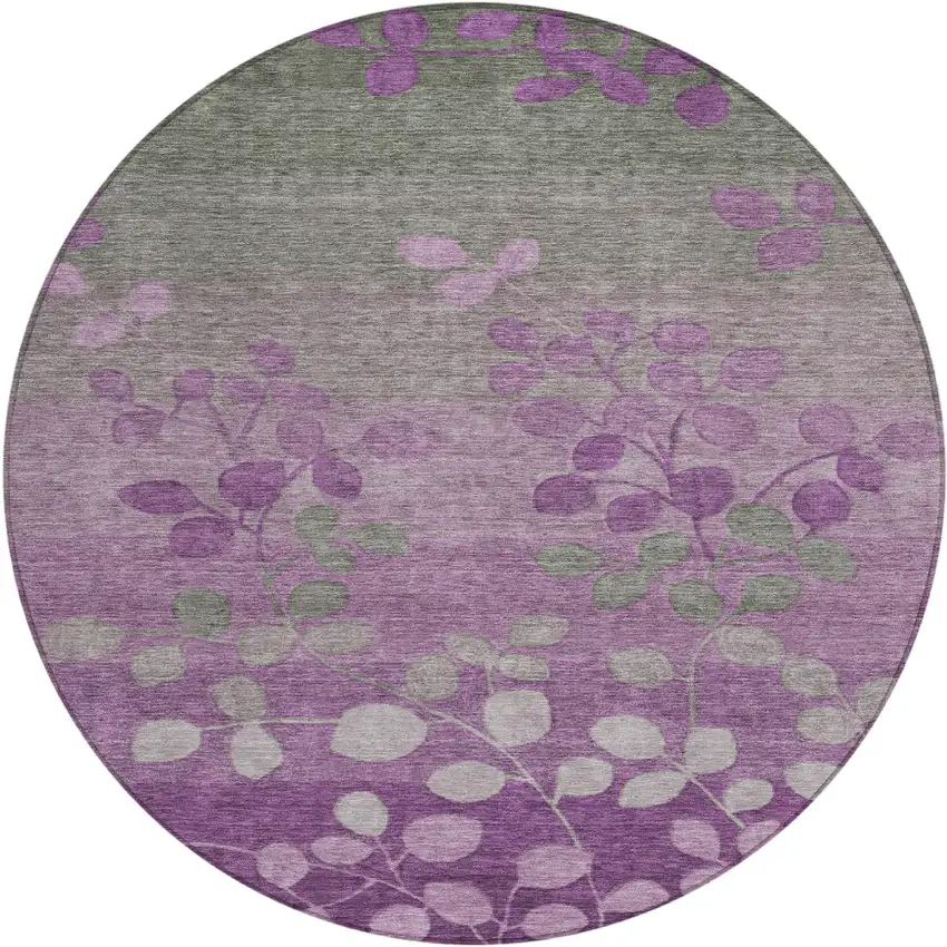 8' Purple And Gray Round Floral Washable Indoor Outdoor Area Rug Photo 1