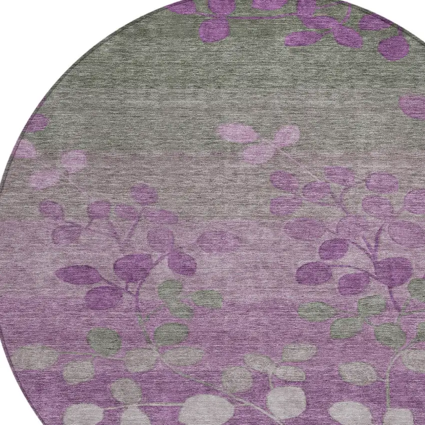 8' Purple And Gray Round Floral Washable Indoor Outdoor Area Rug Photo 8