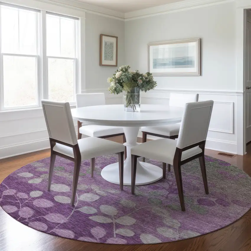 8' Purple And Gray Round Floral Washable Indoor Outdoor Area Rug Photo 6