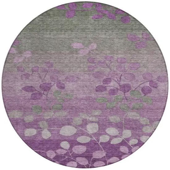8' Purple And Gray Round Floral Washable Indoor Outdoor Area Rug Photo 3