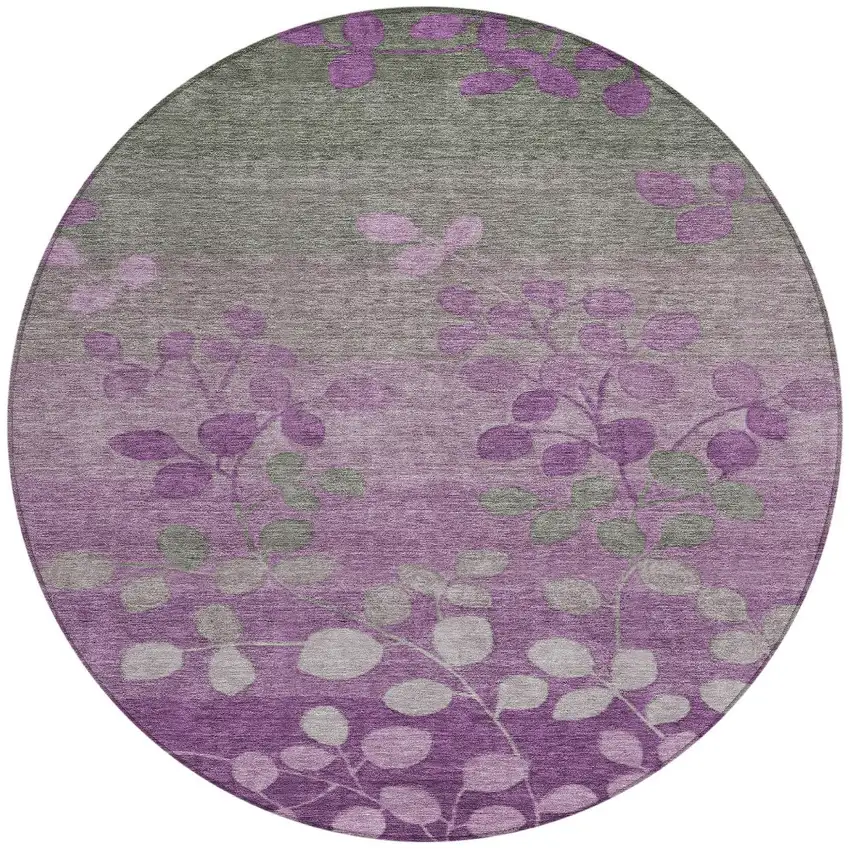 8' Purple And Gray Round Floral Washable Indoor Outdoor Area Rug Photo 3