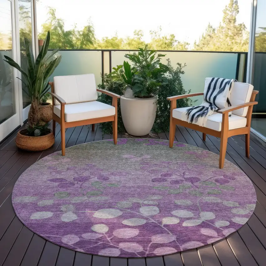 8' Purple And Gray Round Floral Washable Indoor Outdoor Area Rug Photo 5