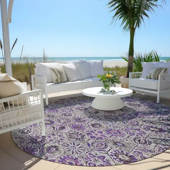 8' Purple And Gray Round Floral Washable Indoor Outdoor Area Rug Photo 5