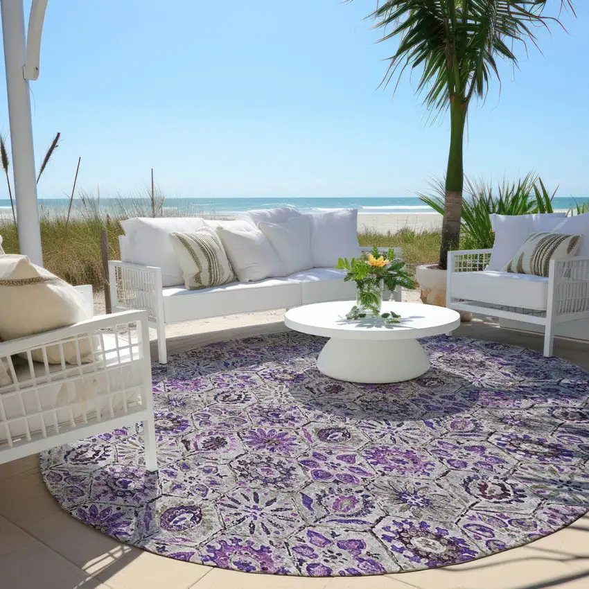 8' Purple And Gray Round Floral Washable Indoor Outdoor Area Rug Photo 5