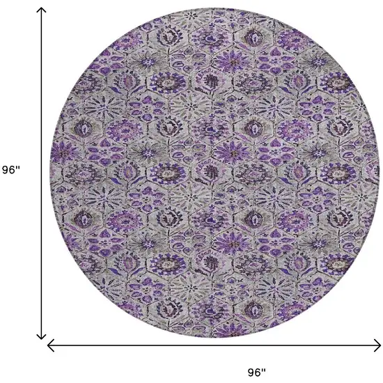 8' Purple And Gray Round Floral Washable Indoor Outdoor Area Rug Photo 9