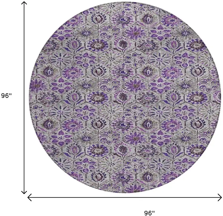 8' Purple And Gray Round Floral Washable Indoor Outdoor Area Rug Photo 9
