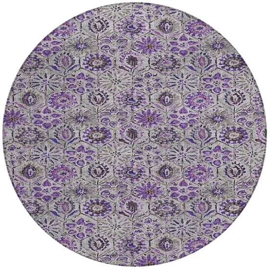 8' Purple And Gray Round Floral Washable Indoor Outdoor Area Rug Photo 3