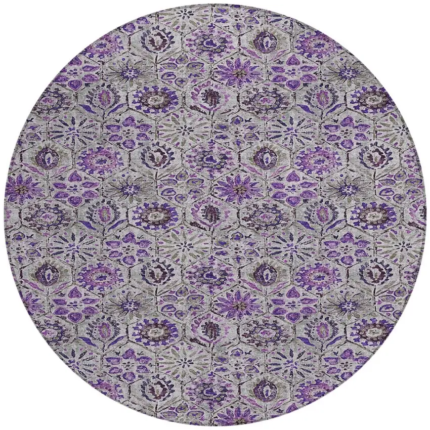 8' Purple And Gray Round Floral Washable Indoor Outdoor Area Rug Photo 3
