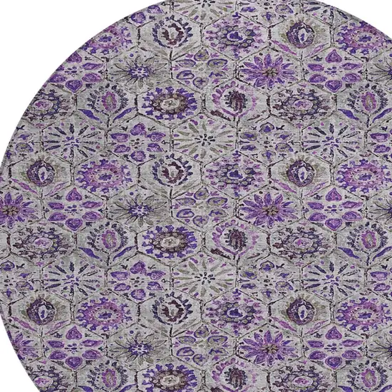 8' Purple And Gray Round Floral Washable Indoor Outdoor Area Rug Photo 8