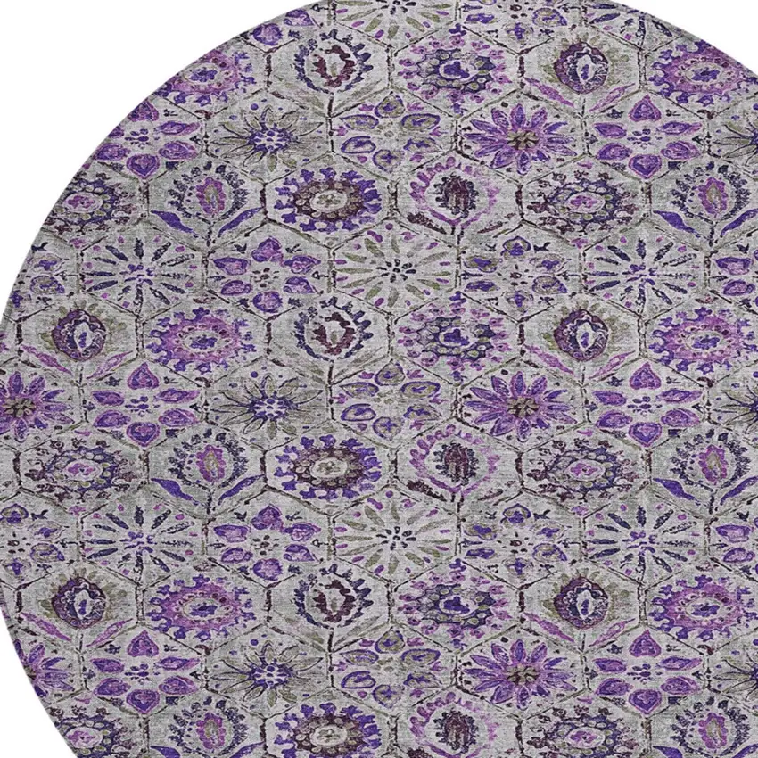 8' Purple And Gray Round Floral Washable Indoor Outdoor Area Rug Photo 8