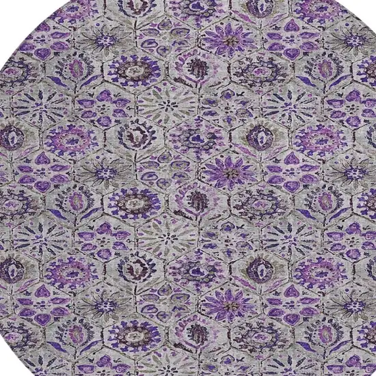 8' Purple And Gray Round Floral Washable Indoor Outdoor Area Rug Photo 4