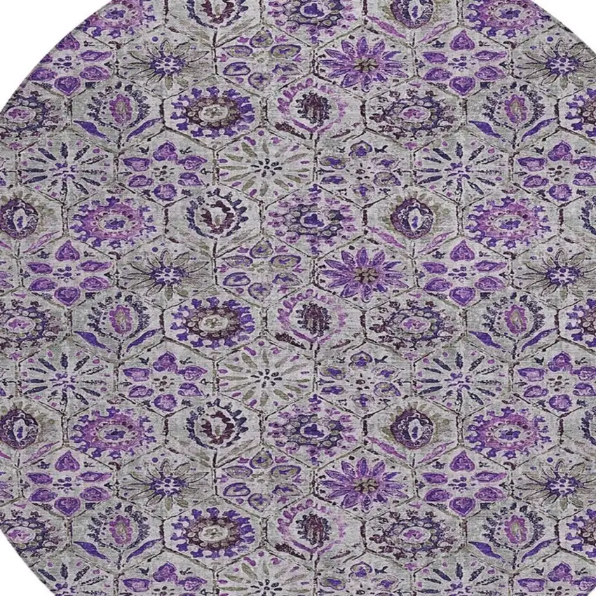 8' Purple And Gray Round Floral Washable Indoor Outdoor Area Rug Photo 4