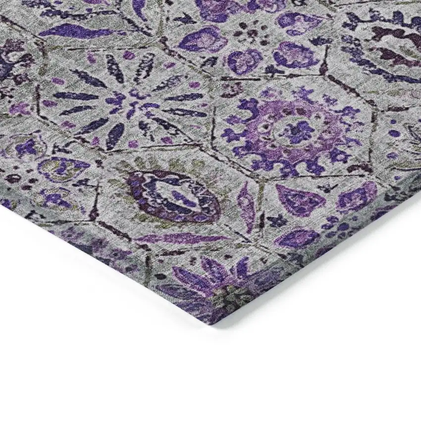 8' Purple And Gray Round Floral Washable Indoor Outdoor Area Rug Photo 7