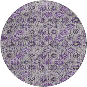 Photo of 8' Purple And Gray Round Floral Washable Indoor Outdoor Area Rug