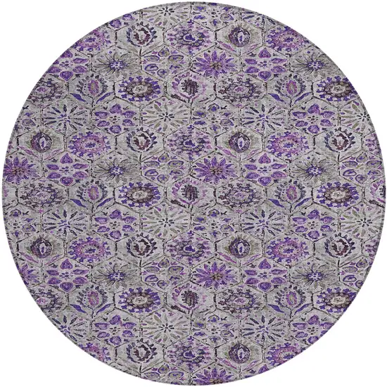 8' Purple And Gray Round Floral Washable Indoor Outdoor Area Rug Photo 1