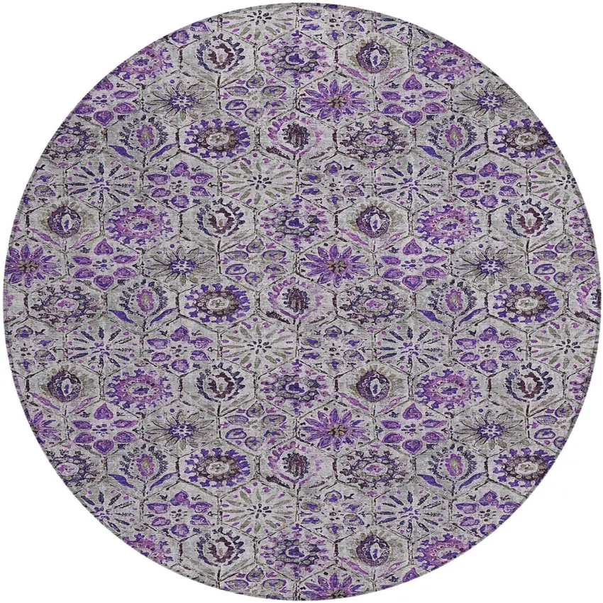 8' Purple And Gray Round Floral Washable Indoor Outdoor Area Rug Photo 1