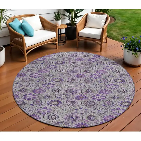 8' Purple And Gray Round Floral Washable Indoor Outdoor Area Rug Photo 2