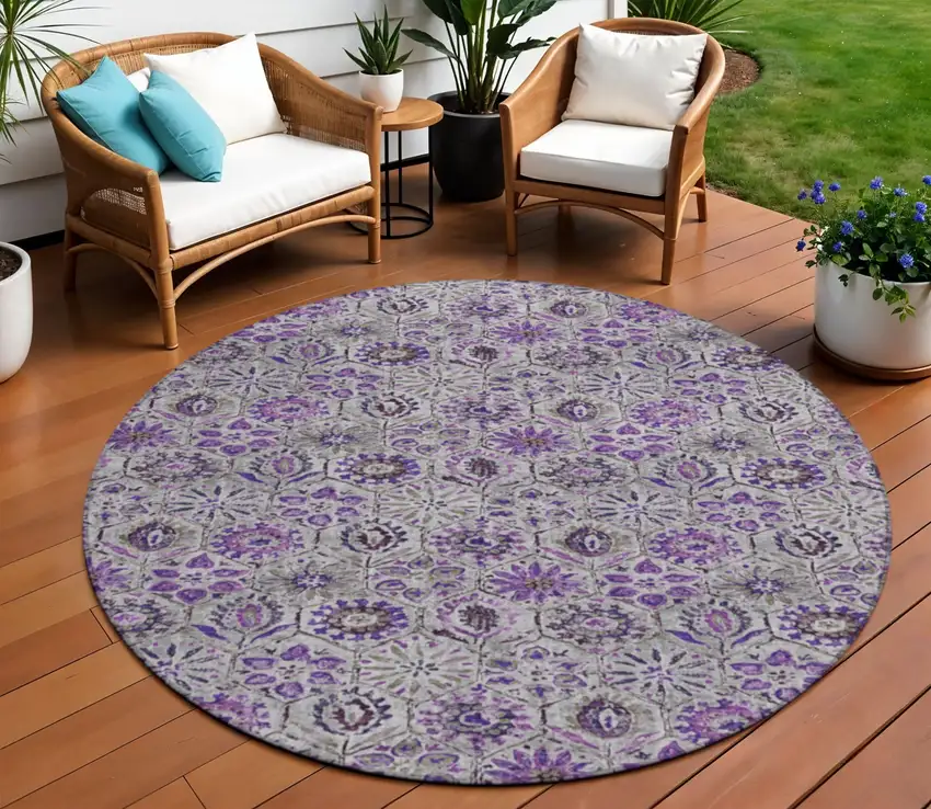 8' Purple And Gray Round Floral Washable Indoor Outdoor Area Rug Photo 2