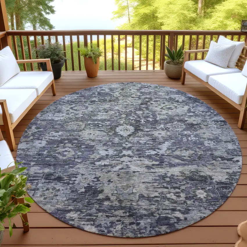 8' Purple And Gray Round Floral Washable Indoor Outdoor Area Rug Photo 4