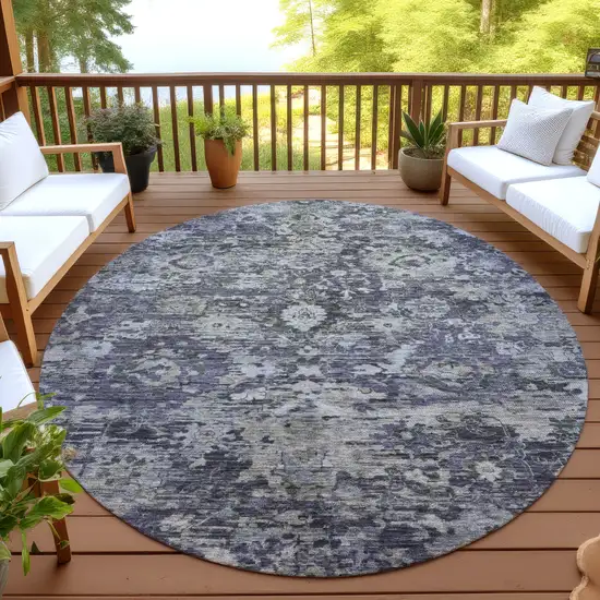 8' Purple And Gray Round Floral Washable Indoor Outdoor Area Rug Photo 4