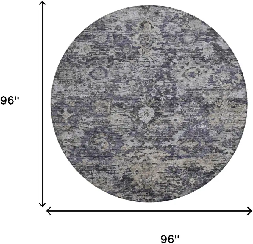 8' Purple And Gray Round Floral Washable Indoor Outdoor Area Rug Photo 8