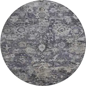 Photo of 8' Purple And Gray Round Floral Washable Indoor Outdoor Area Rug