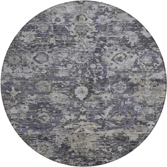 8' Purple And Gray Round Floral Washable Indoor Outdoor Area Rug Photo 1