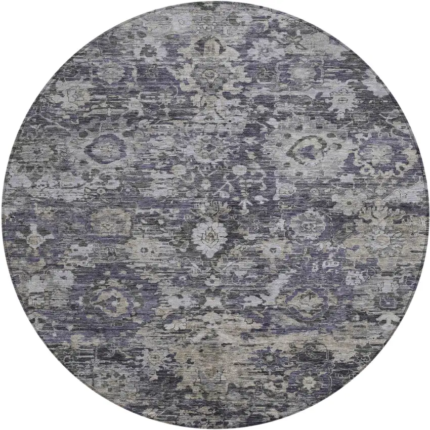 8' Purple And Gray Round Floral Washable Indoor Outdoor Area Rug Photo 1