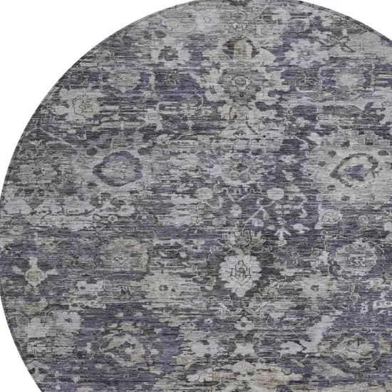 8' Purple And Gray Round Floral Washable Indoor Outdoor Area Rug Photo 2