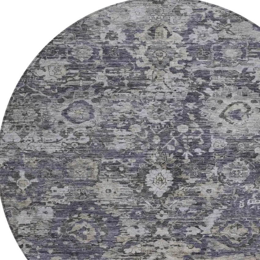 8' Purple And Gray Round Floral Washable Indoor Outdoor Area Rug Photo 2