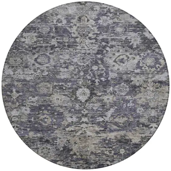 8' Purple And Gray Round Floral Washable Indoor Outdoor Area Rug Photo 3