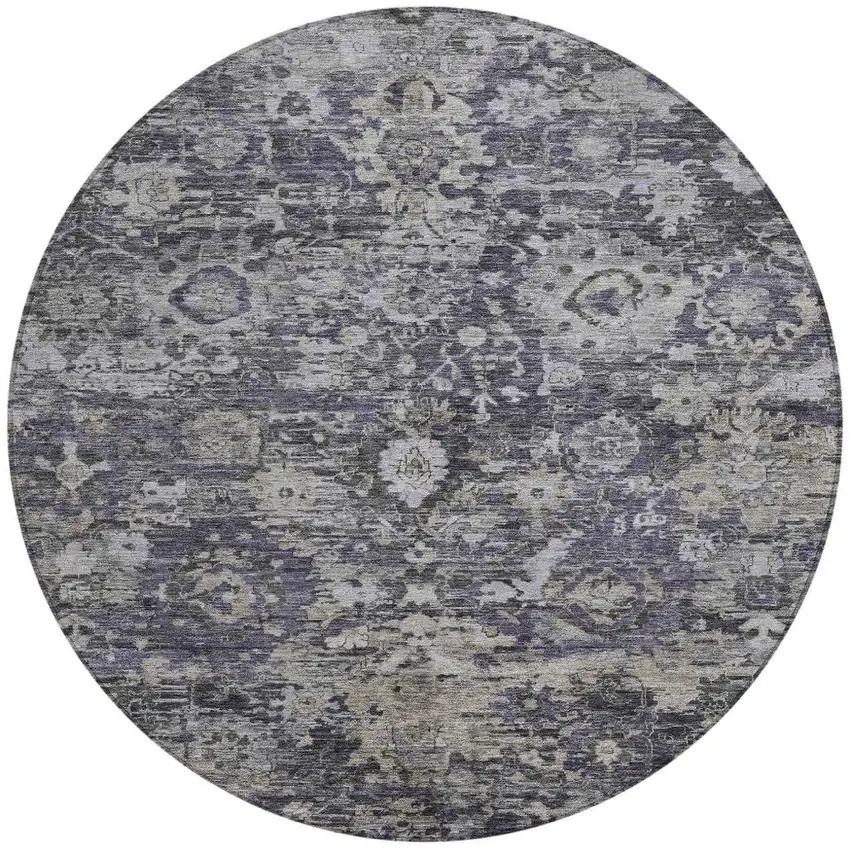 8' Purple And Gray Round Floral Washable Indoor Outdoor Area Rug Photo 3