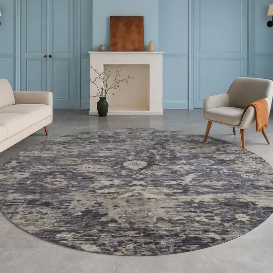 8' Purple And Gray Round Floral Washable Indoor Outdoor Area Rug Photo 5