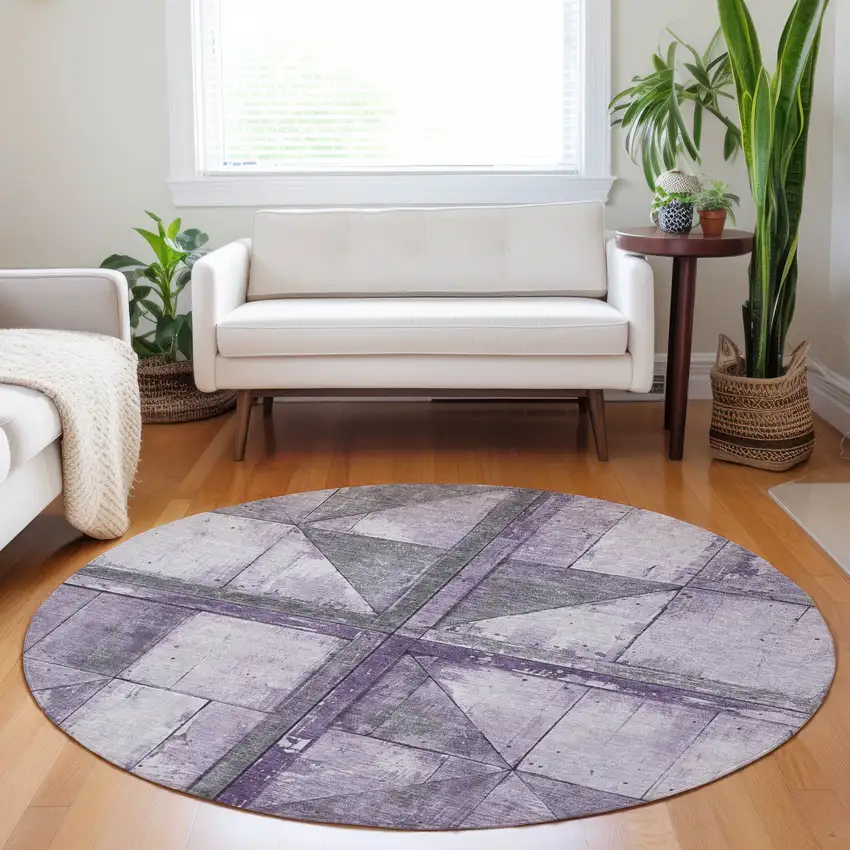 8' Purple And Gray Round Geometric Washable Indoor Outdoor Area Rug Photo 6