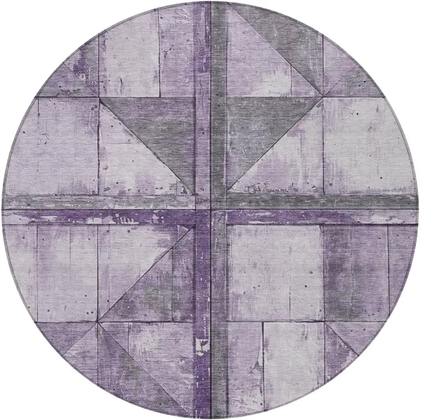 8' Purple And Gray Round Geometric Washable Indoor Outdoor Area Rug Photo 3