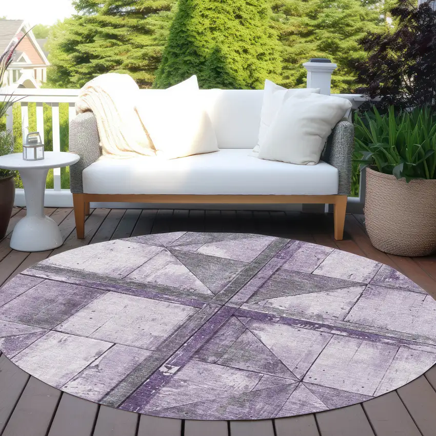 8' Purple And Gray Round Geometric Washable Indoor Outdoor Area Rug Photo 5