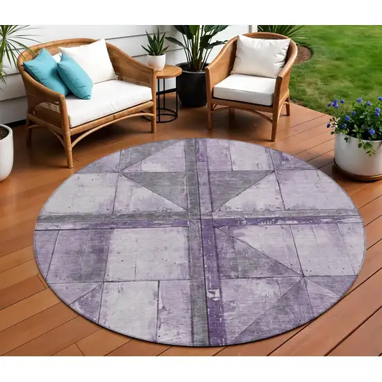 8' Purple And Gray Round Geometric Washable Indoor Outdoor Area Rug Photo 2