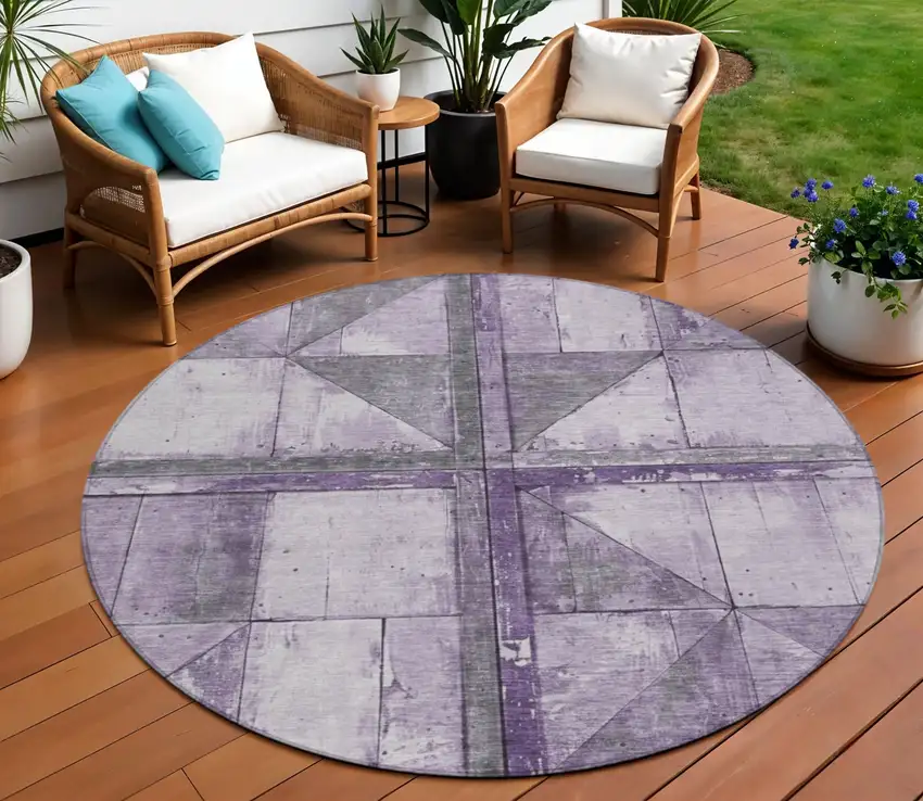 8' Purple And Gray Round Geometric Washable Indoor Outdoor Area Rug Photo 2