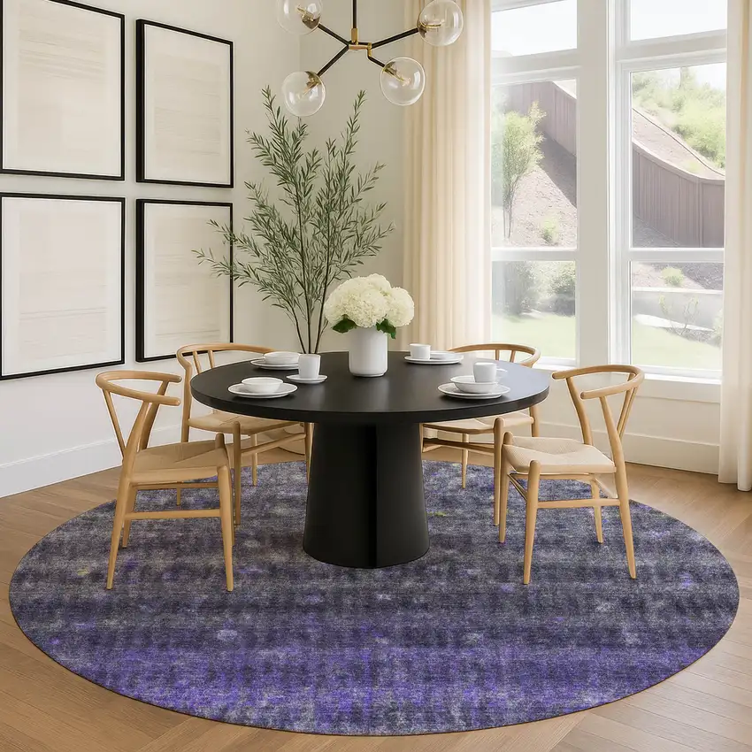 8' Purple And Gray Round Striped Washable Indoor Outdoor Area Rug Photo 9