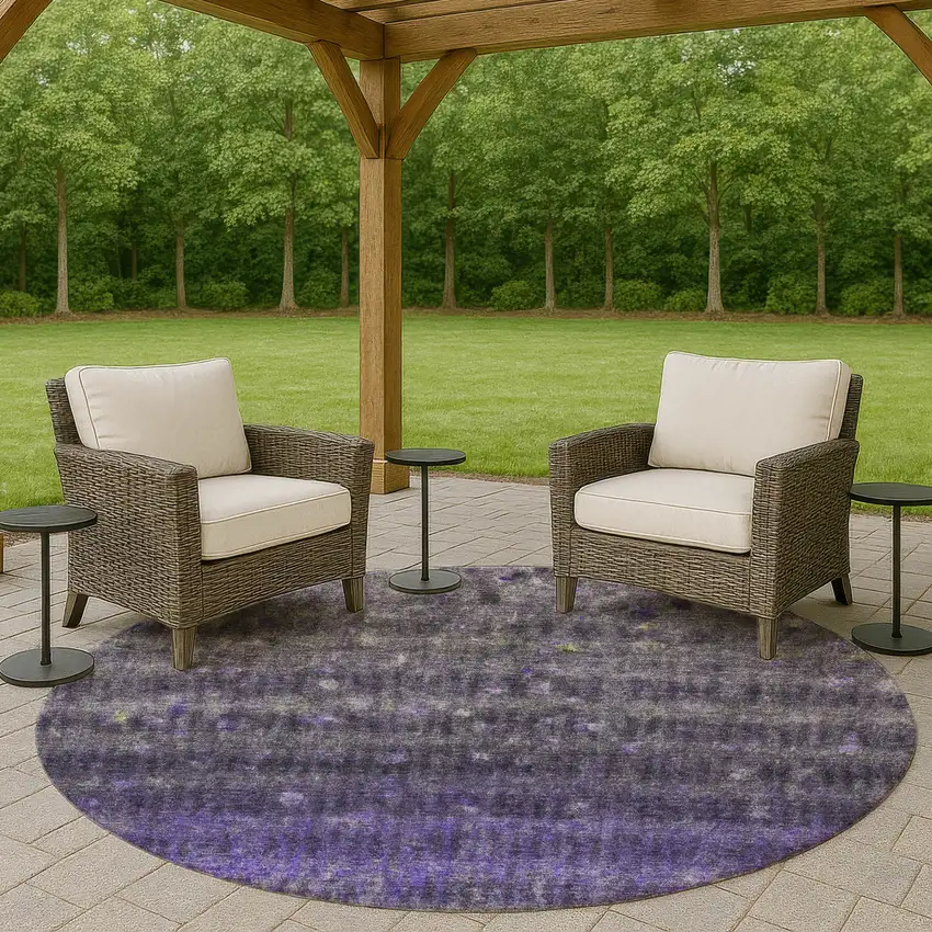 8' Purple And Gray Round Striped Washable Indoor Outdoor Area Rug Photo 8