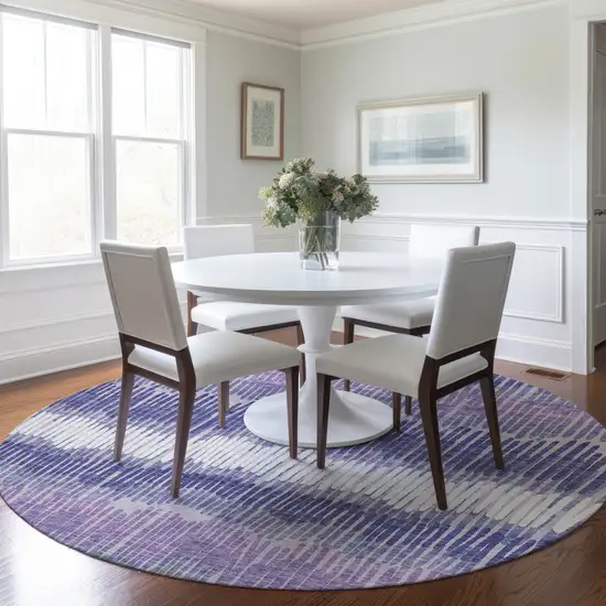 8' Purple And Gray Round Striped Washable Indoor Outdoor Area Rug Photo 7