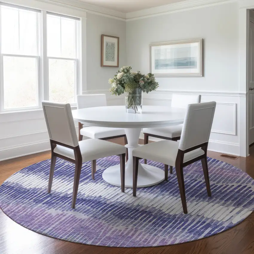 8' Purple And Gray Round Striped Washable Indoor Outdoor Area Rug Photo 7
