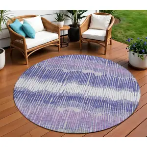 Photo of 8' Purple And Gray Round Striped Washable Indoor Outdoor Area Rug