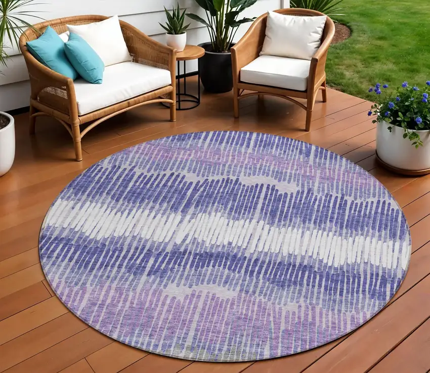 8' Purple And Gray Round Striped Washable Indoor Outdoor Area Rug Photo 1