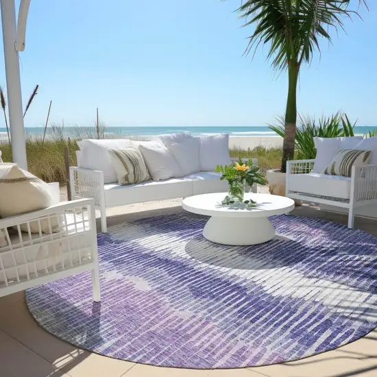 8' Purple And Gray Round Striped Washable Indoor Outdoor Area Rug Photo 6