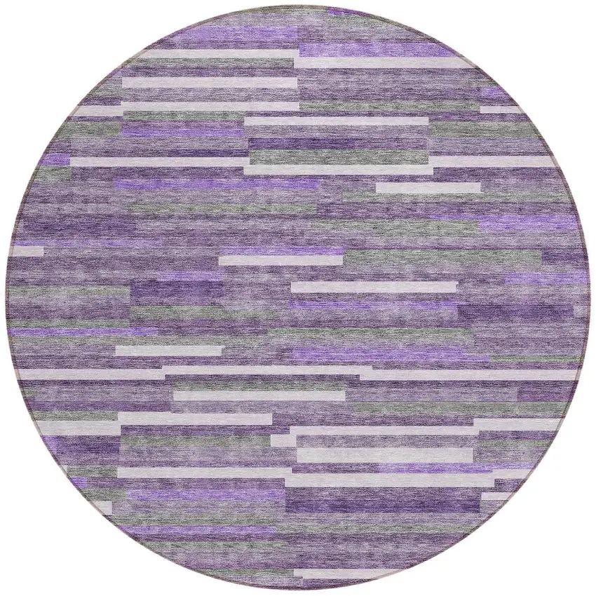 8' Purple And Gray Round Striped Washable Indoor Outdoor Area Rug Photo 4